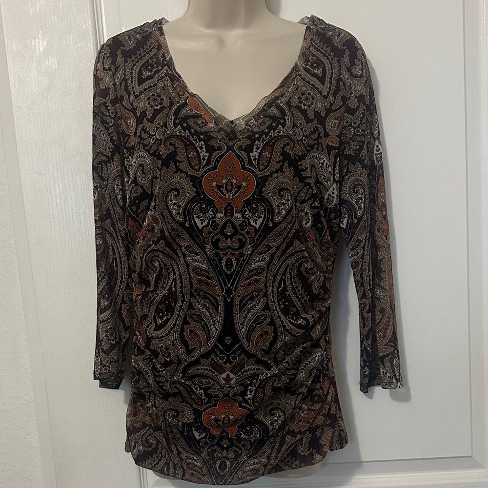 Ann Taylor Paisley V-Neck Blouse - Black and Brown